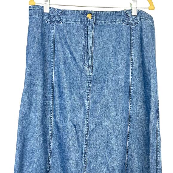 VINTAGE Denim Maxi Skirt Basketweave Belt Loop Detail  16 Y2K Casual Western - Picture 2 of 6